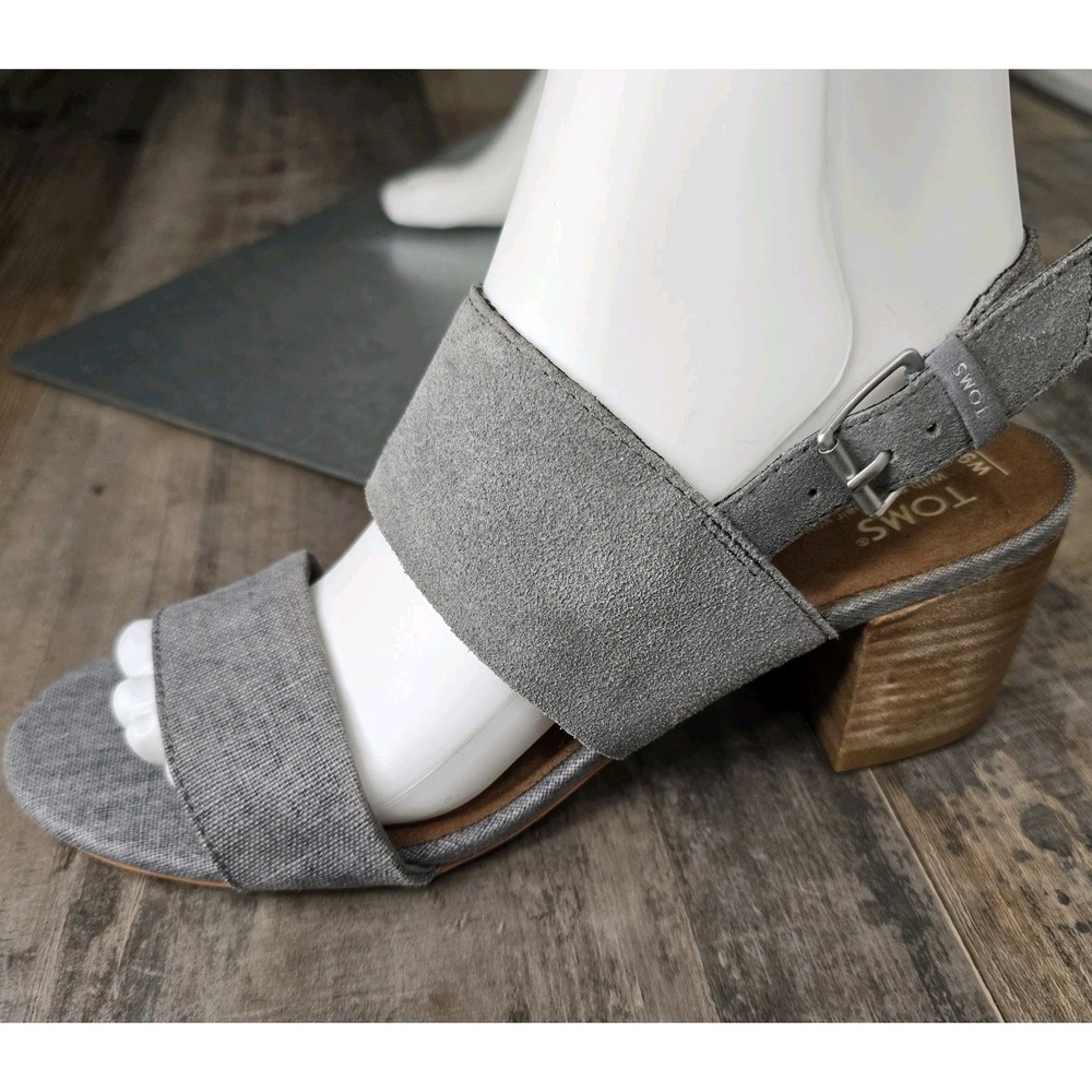 TOMS Womens Size 9 Grey Suede Block Heel Slingback Sandals Open Toe Buckle Shoes
